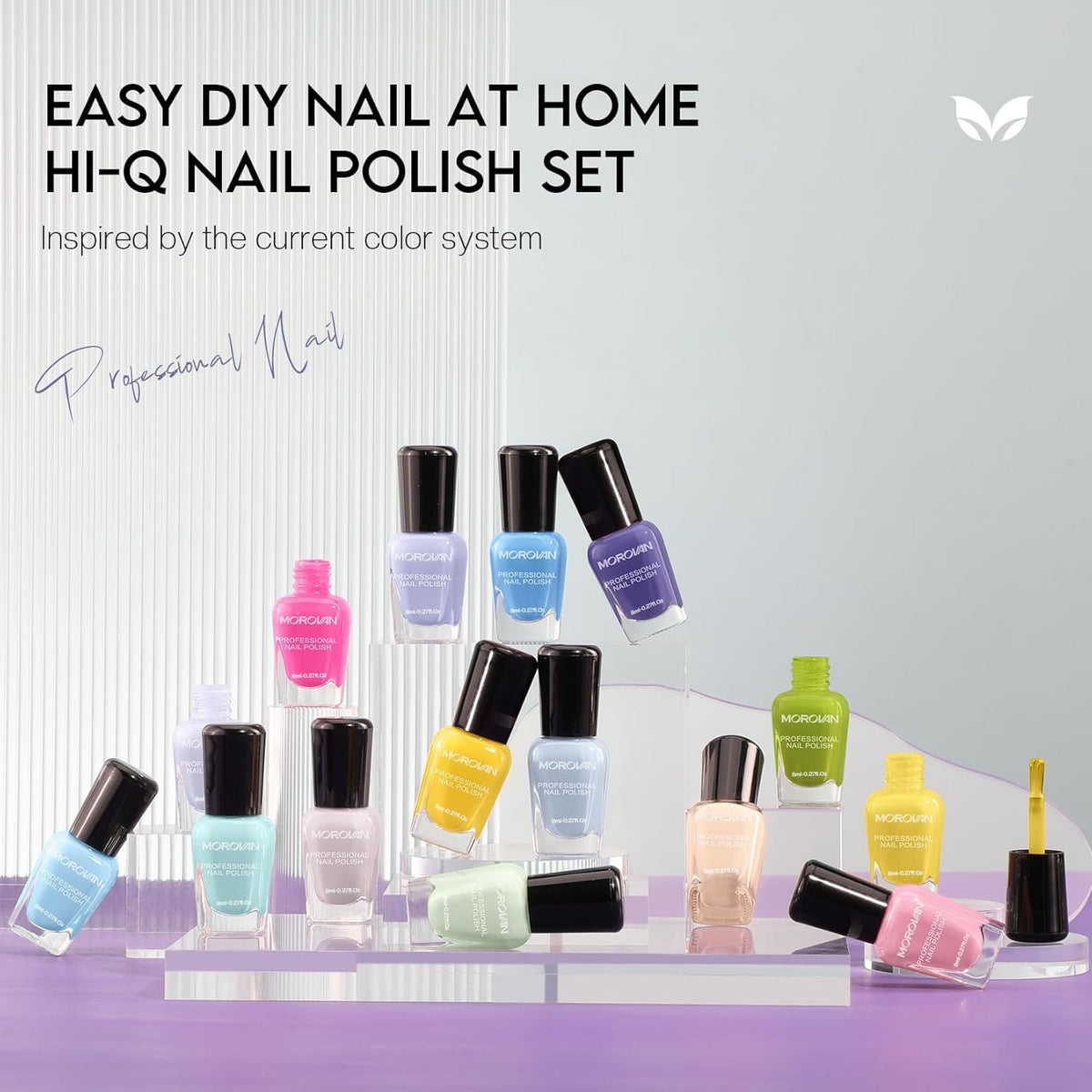 Close-up of Morovan nail polish bottles in pastel shades