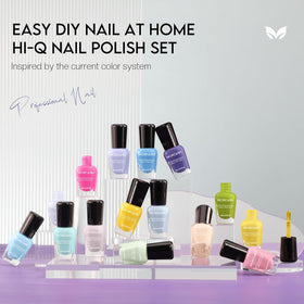 Close-up of Morovan nail polish bottles in pastel shades