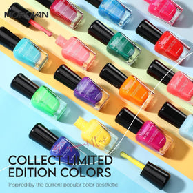 Close-up of Morovan nail polish bottles in various colours