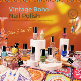 Close-up of Morovan nail polish bottles in various colours