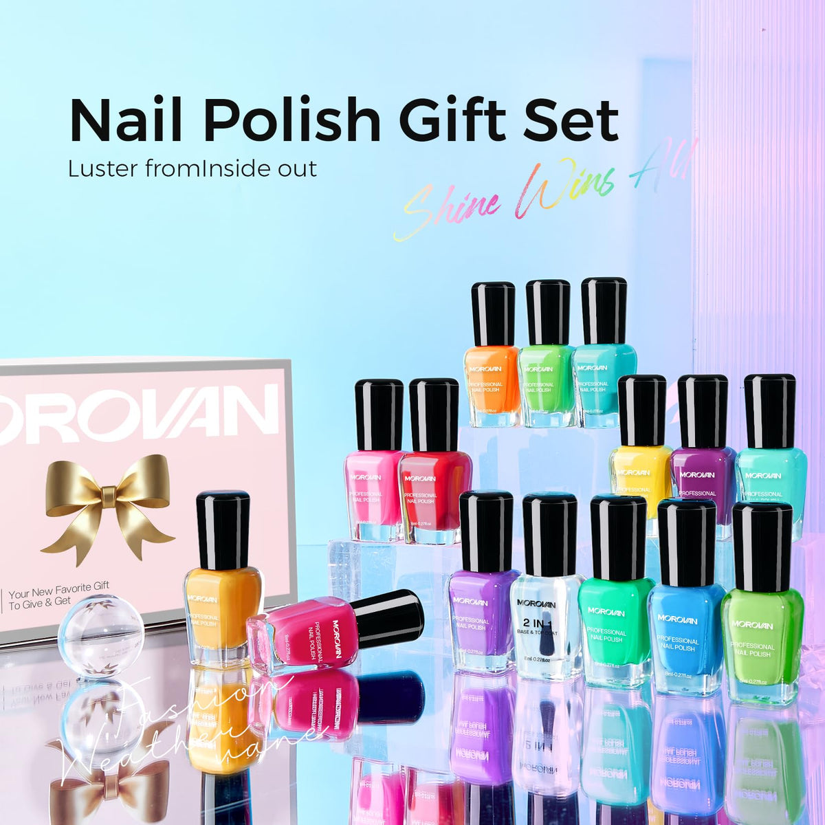 Close-up of Morovan nail polish bottles in various colours