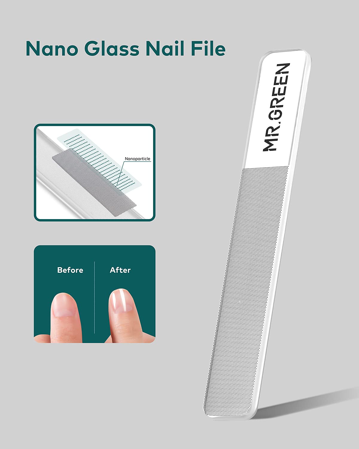 Close-up of MR.GREEN Glass Nail Shiner showing the nano glass surface