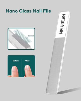 Close-up of MR.GREEN Glass Nail Shiner showing the nano glass surface