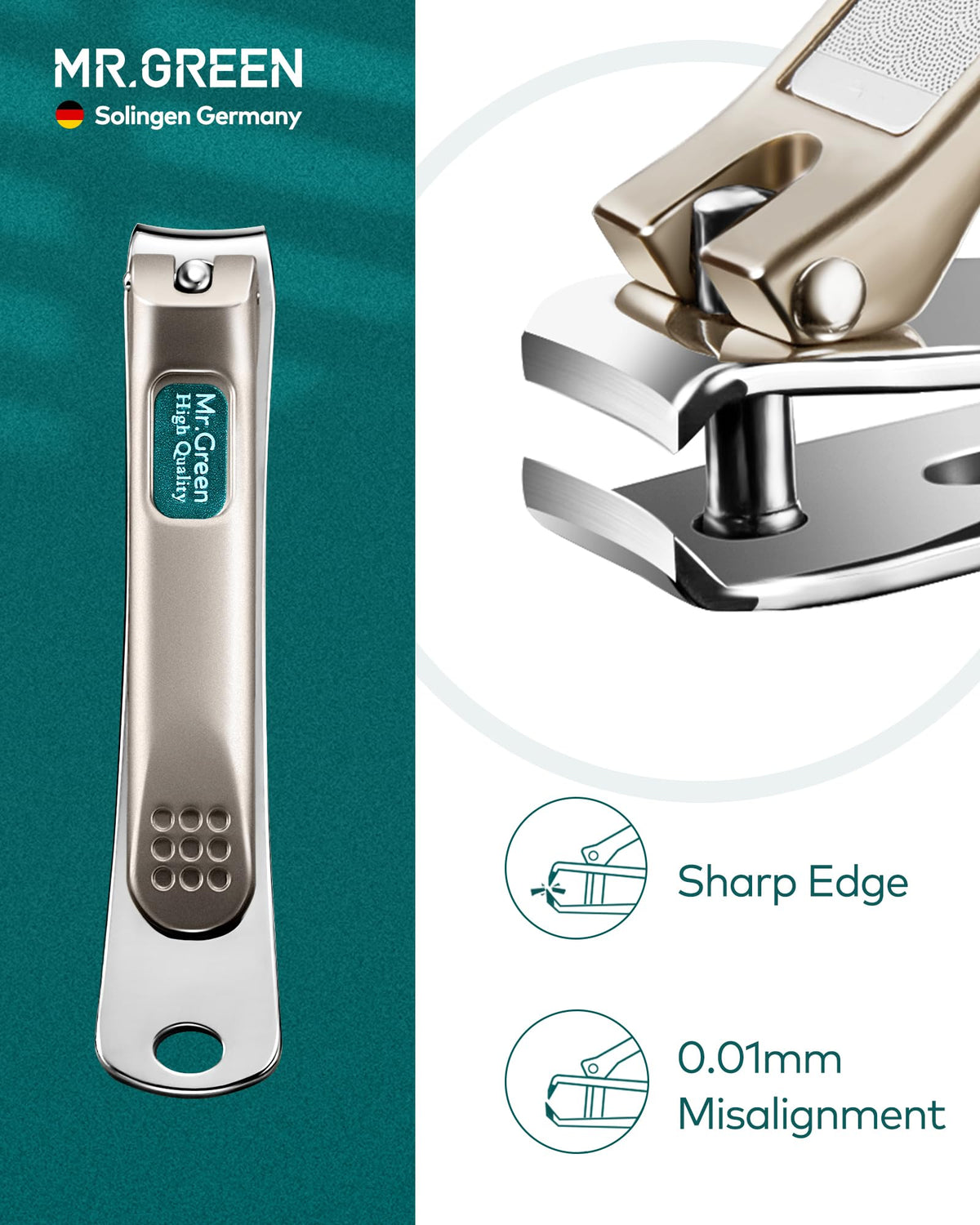 Close-up of MR.GREEN stainless steel nail clipper