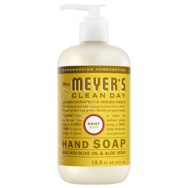 Close-up of Mrs. MEYER'S Daisy liquid hand soap bottle