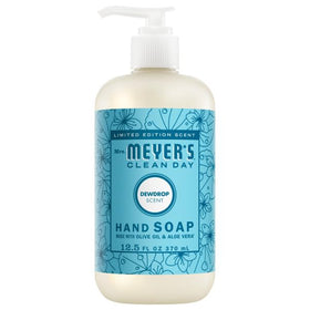 Close-up of Mrs. MEYER'S Dewdrop liquid hand soap bottle