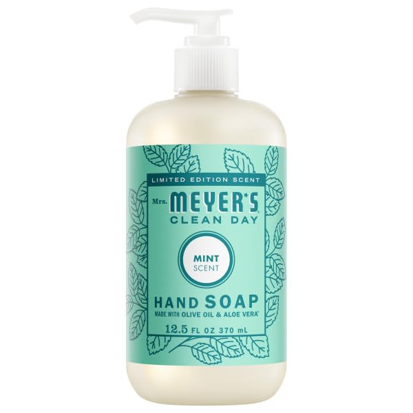 Close-up of Mrs. MEYER'S Mint liquid hand soap bottle