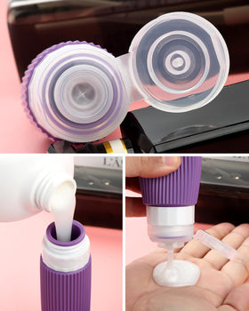 Close-up of Mrsdry silicone squeeze bottles in clear bag