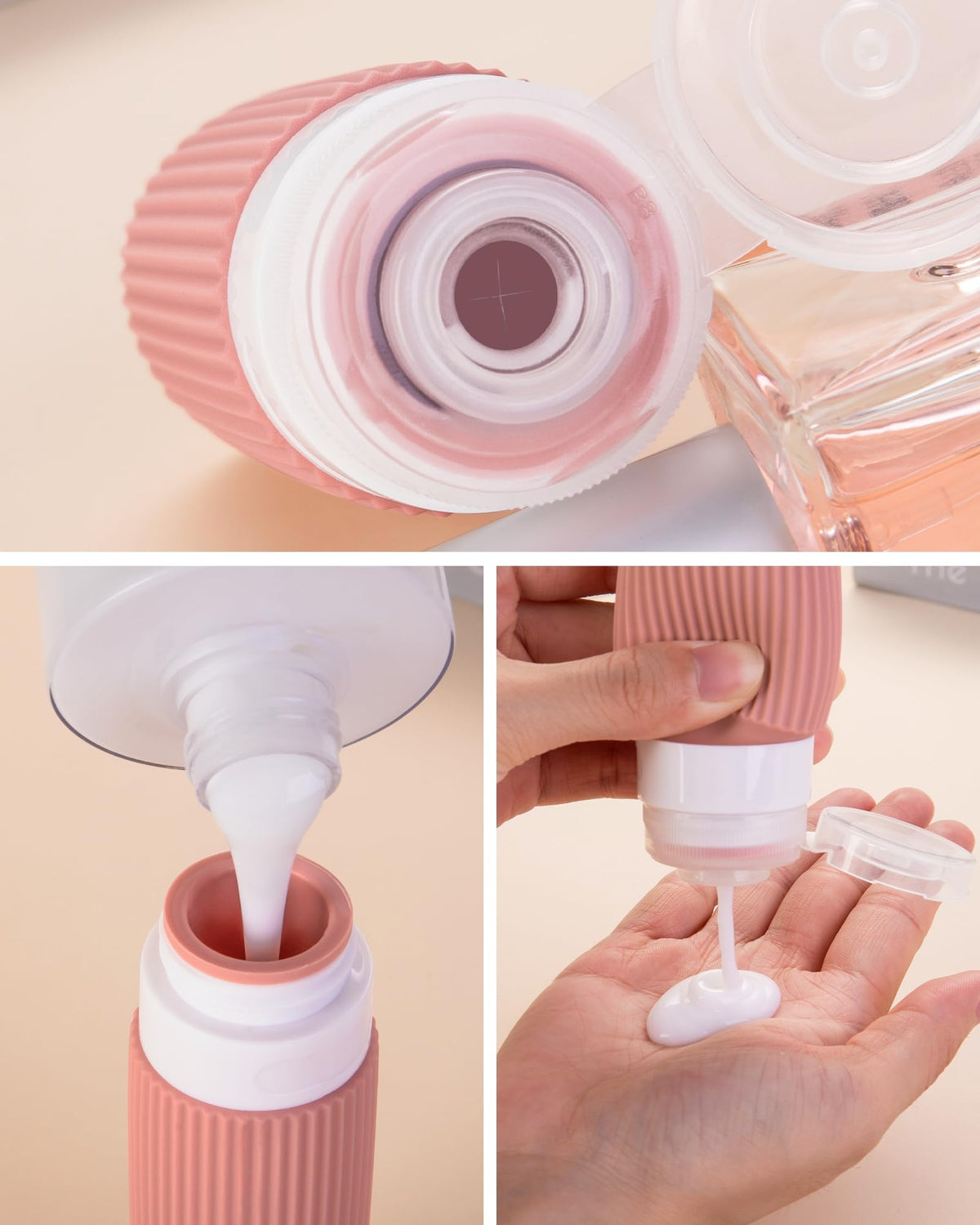 Close-up of Mrsdry silicone squeeze bottles in clear makeup bag
