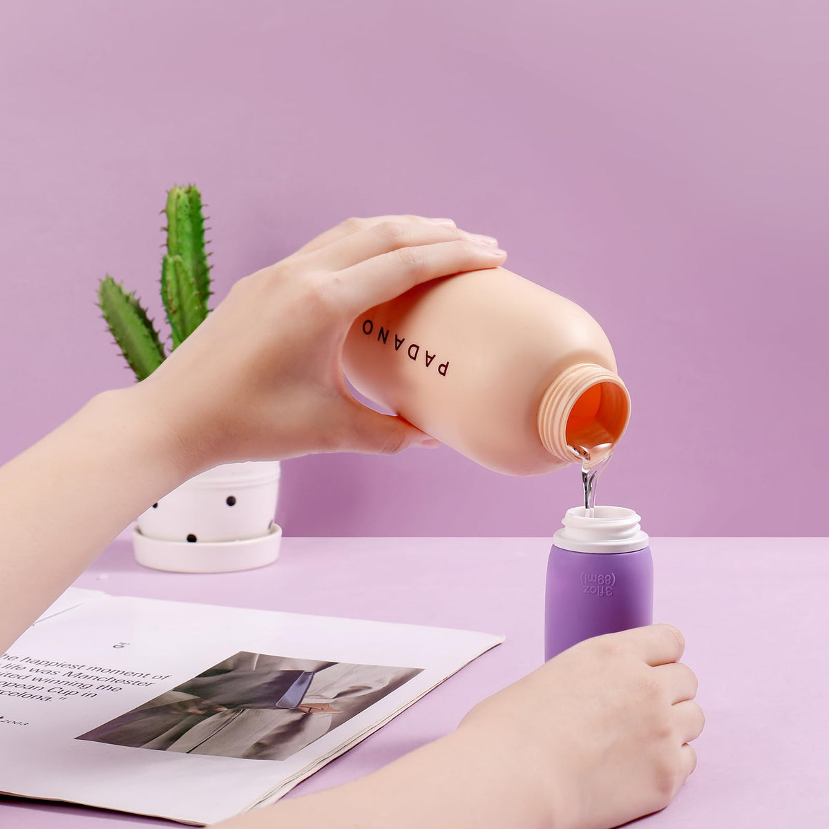 Close-up of Muslish silicone travel bottles with flip caps