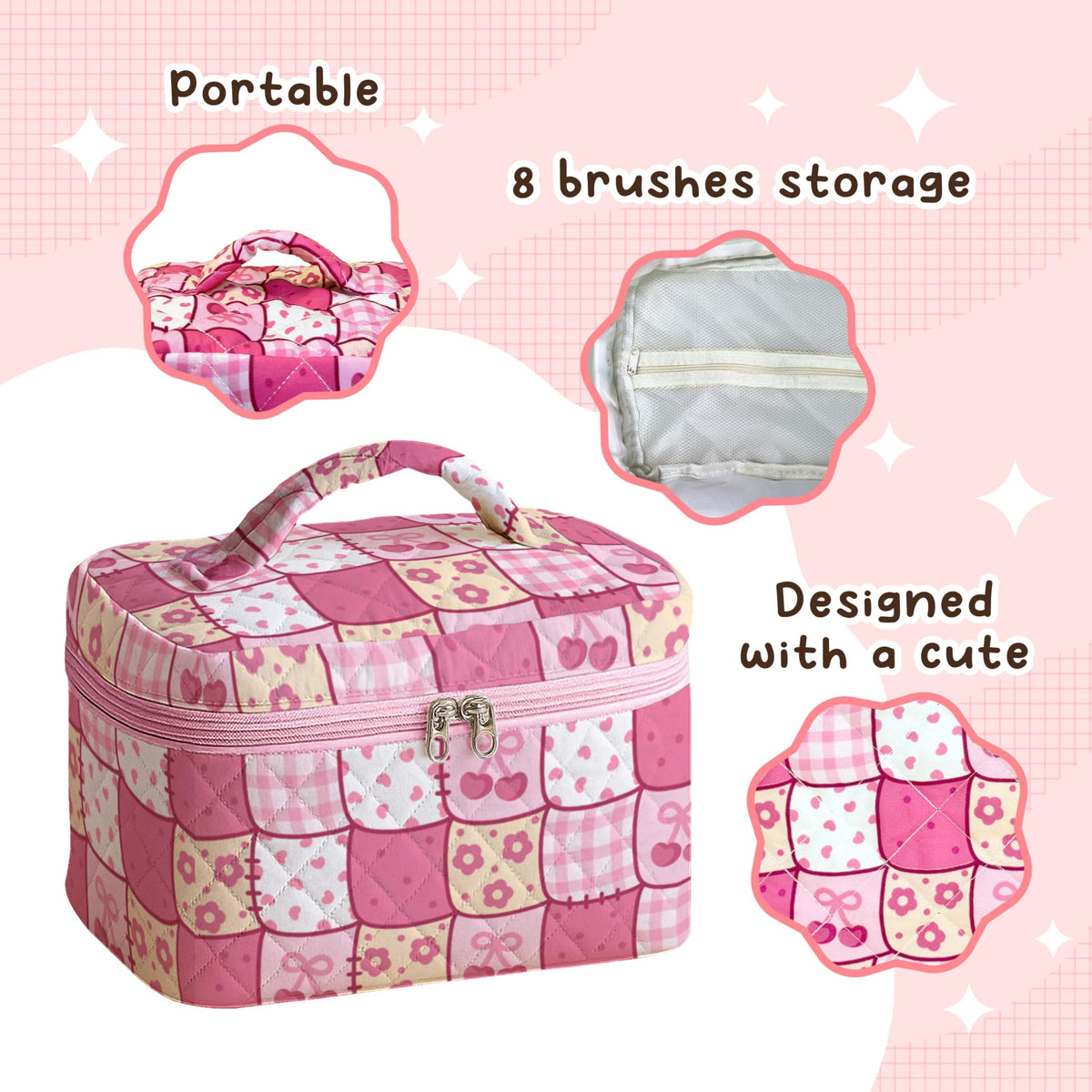 Close-up of MYSMOR Large Quilted Makeup Bag dual zipper closure