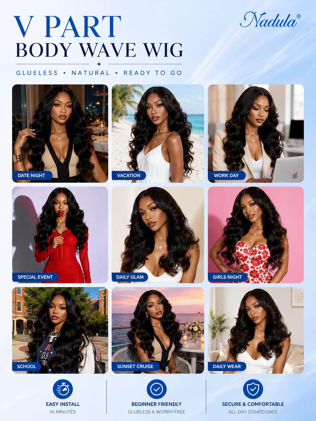 Close-up of Nadula V Part Body Wave Wig's drawstring and clip-in system