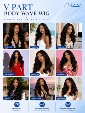 Close-up of Nadula V Part Body Wave Wig's drawstring and clip-in system