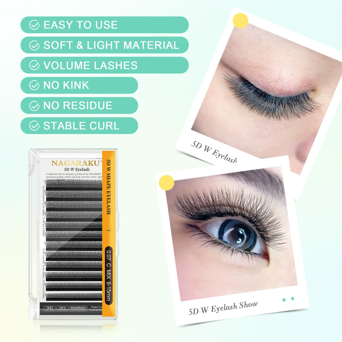 Close-up of NAGARAKU 5D W Premade Fans Lash Extensions showing W shape