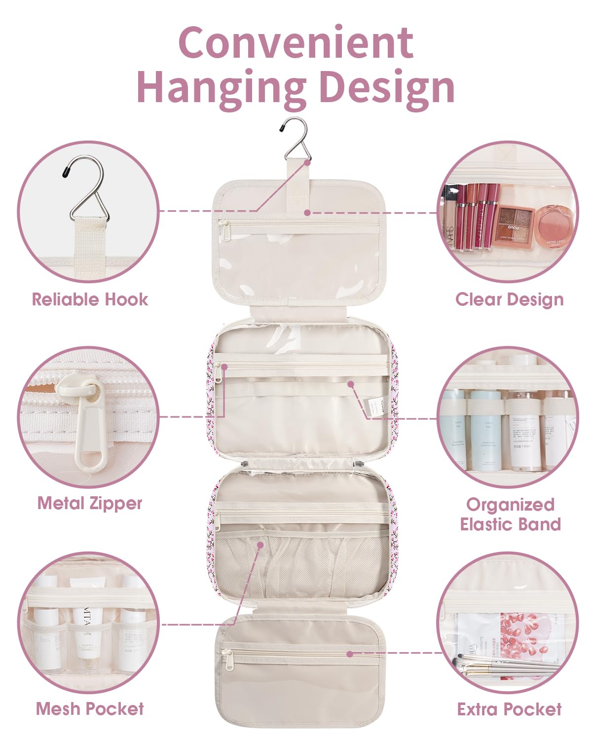 Close-up of Narwey Hanging Toiletry Bag zippers and fabric
