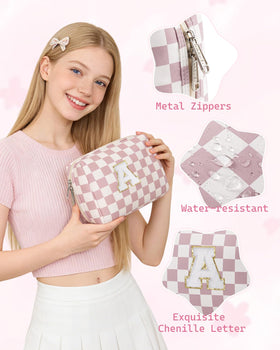 Close-up of Narwey Initial Makeup Bag double zippers