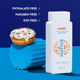 Close-up of Native Dunkin Vanilla Sprinkle Body Wash pump