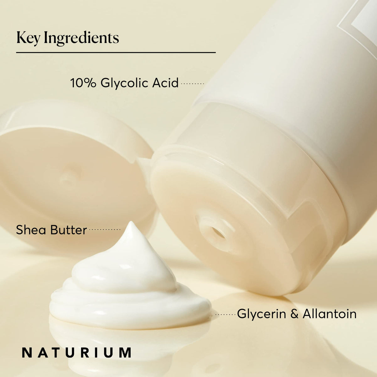 Close-up of Naturium Glycolic Body Lotion with shea butter ingredients
