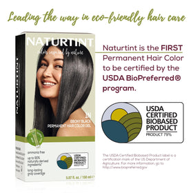 Close-up of Naturtint 1N Ebony Black hair color before and after