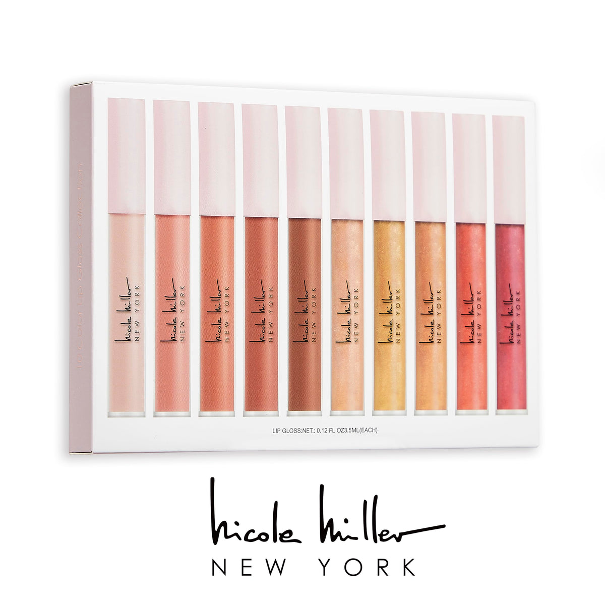 Close-up of Nicole Miller Lip Gloss tubes in assorted shades
