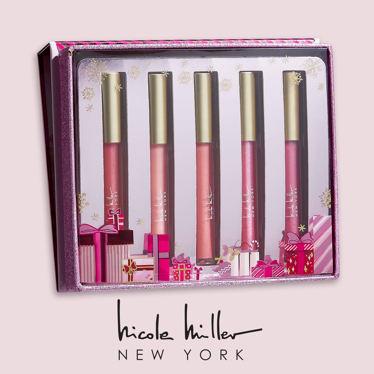 Close-up of Nicole Miller rosy nude lip glosses in clear bottles