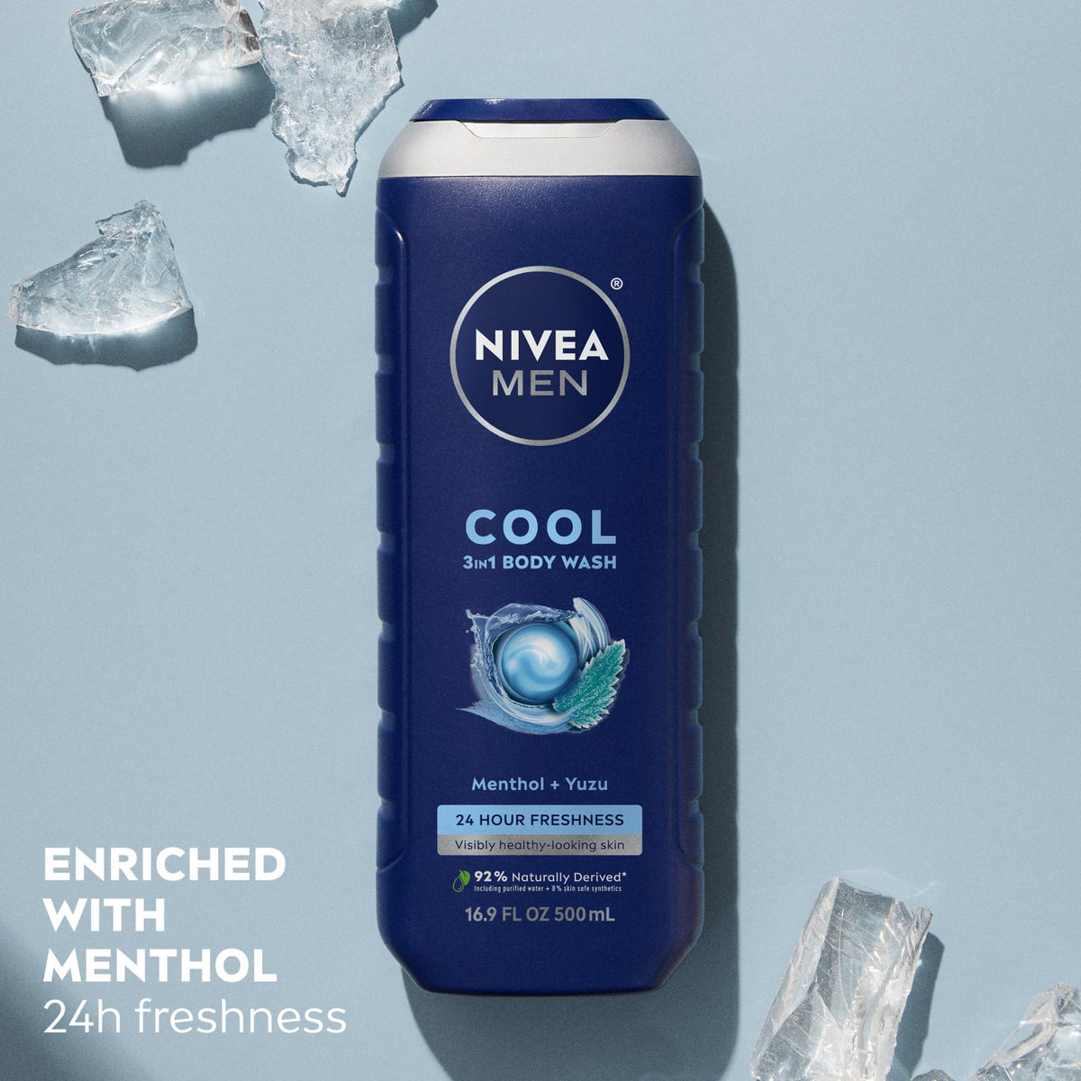 Close-up of NIVEA MEN Cool Body Wash bottle with menthol
