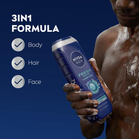 Close-up of NIVEA MEN Fresh Wave Body Wash bottle with menthol scent