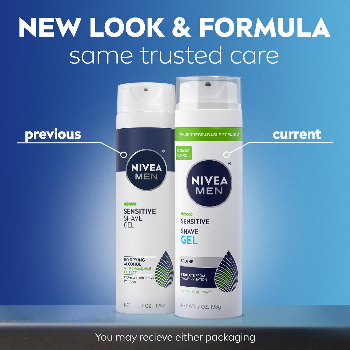 Close-up of NIVEA MEN Sensitive Shave Gel can showing VitaminPro Complex
