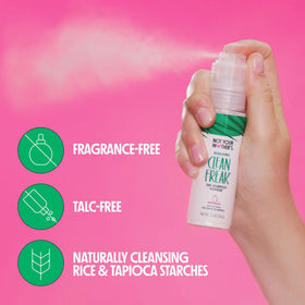 Close-up of Not Your Mother's Clean Freak Unscented Dry Shampoo Powder pump bottle