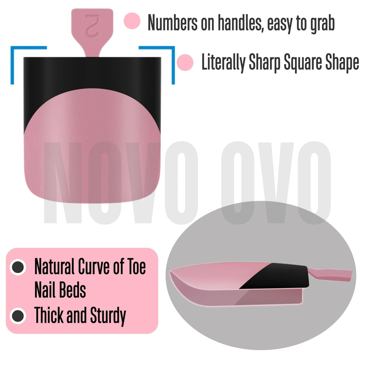 Close-up of NOVO OVO Black French Tip Toenails