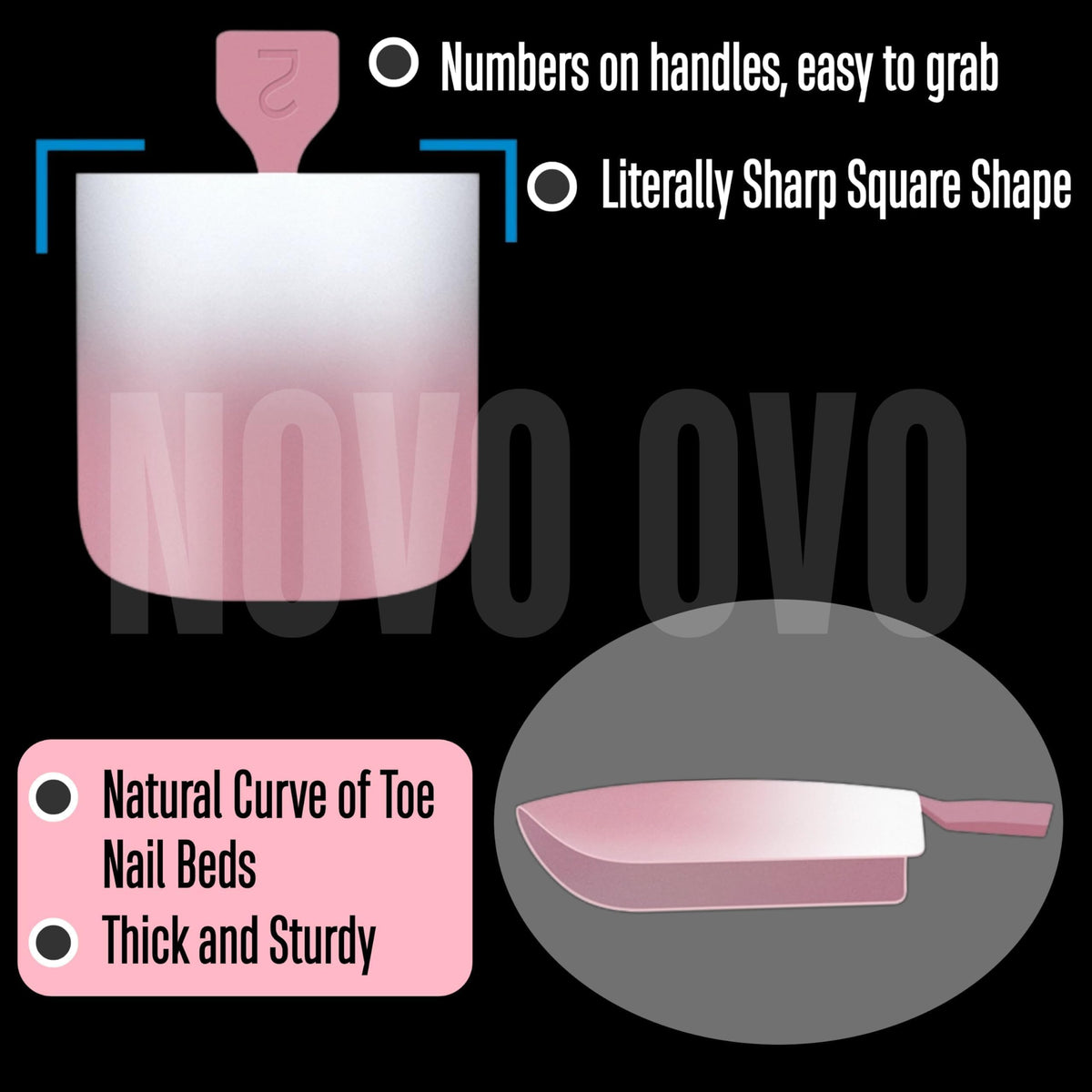 Close-up of NOVO OVO Ombre French Tip Press on Toe Nail Tips with various sizes