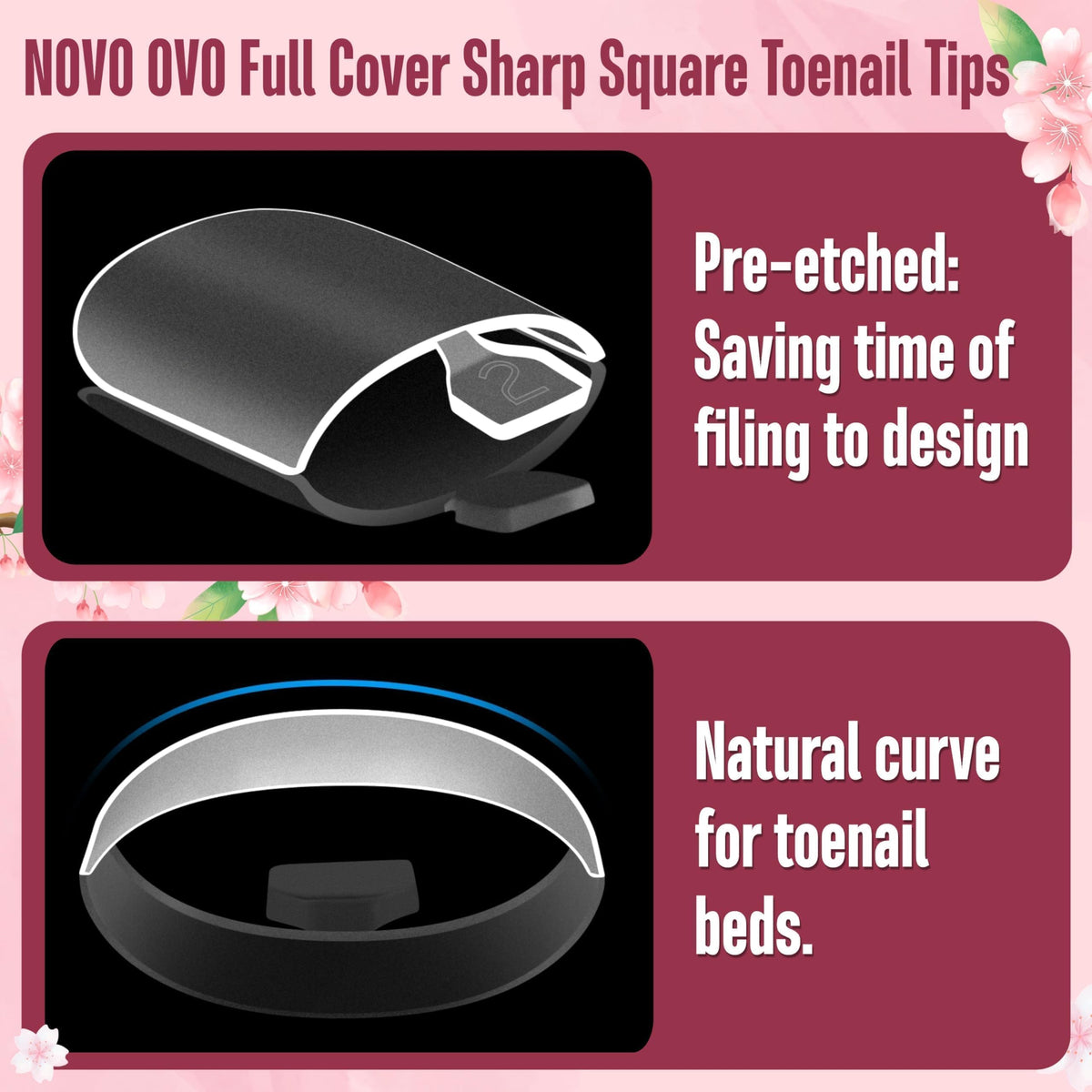 Close-up of NOVO OVO Sharp Square Toe Nail Tips showing various sizes