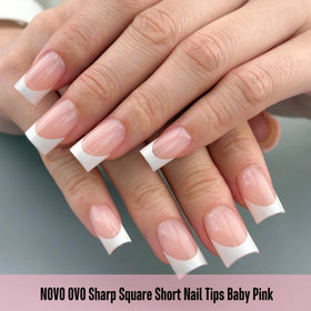 Close-up of NOVO OVO Short Sharp Square French Tip Nail Tips showing pre-filed cuticle end