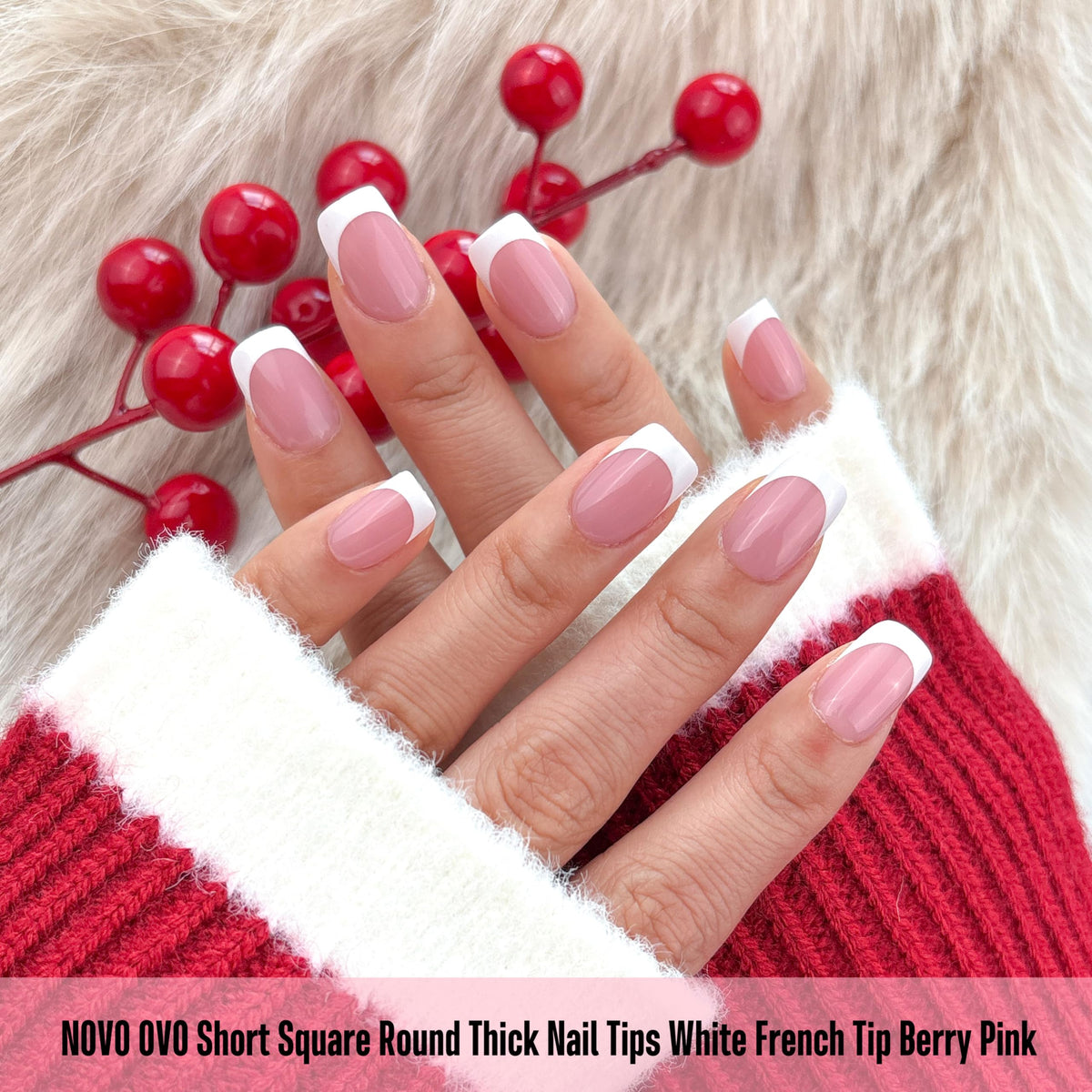 Close-up of NOVO OVO Short Square Round French Tip Nail Tips in assorted sizes