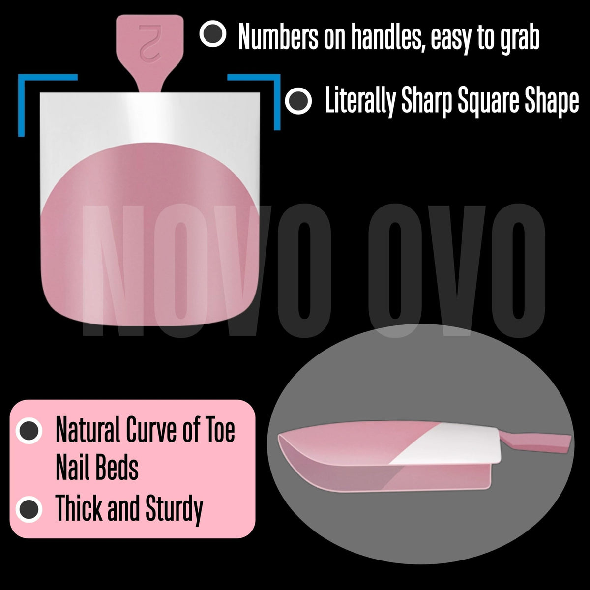 Close-up of NOVO OVO soft gel toenail tips with primer