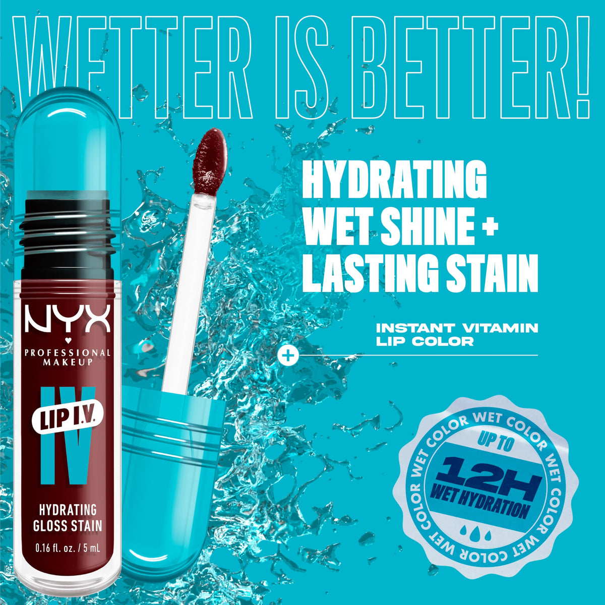 Close-up of NYX Lip IV Hydrating Glossy Lip Stain Water Bout Wine applicator