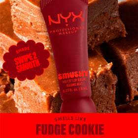 Close-up of NYX Smushy Matte Lip Balm Cherry Cola Brown texture