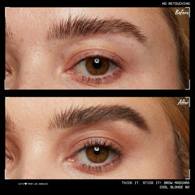 Close-up of NYX Thick It Stick It Brow Mascara tube with label