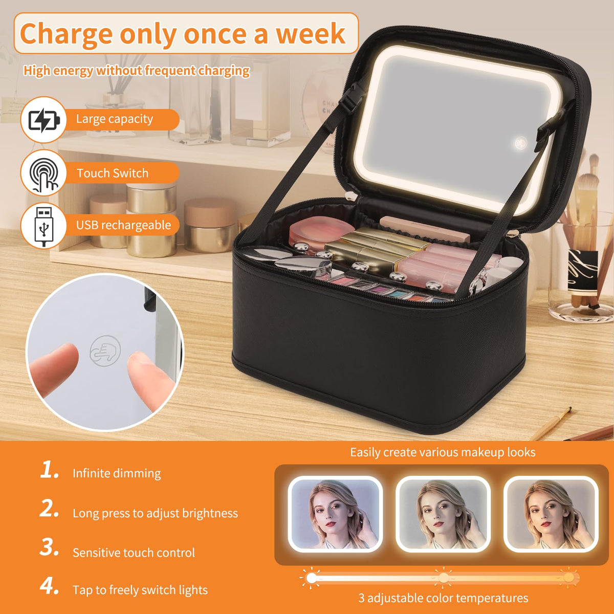Close-up of OCHEAL Makeup Bag zipper and handle