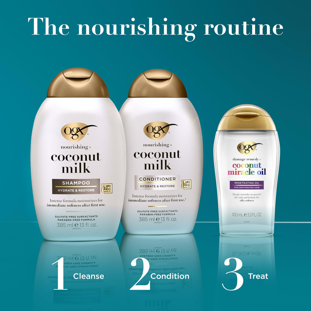 Close-up of OGX Coconut Milk Conditioner bottle