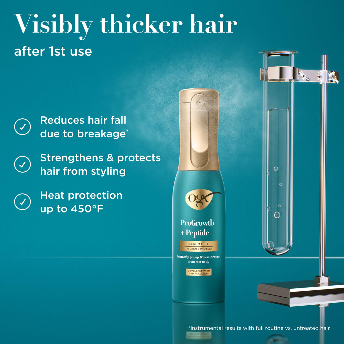 Close-up of OGX ProGrowth + Peptide Serum Mist spray nozzle