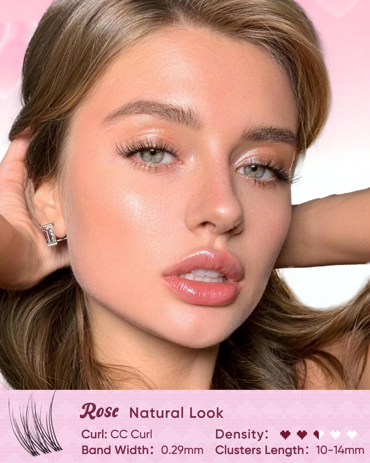 Close-up of OKAYLOVE Rose lash clusters with transparent band
