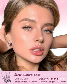 Close-up of OKAYLOVE Rose lash clusters with transparent band