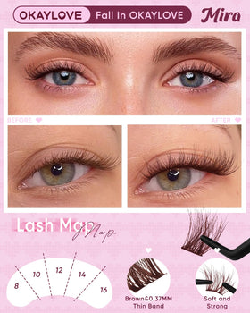Close-up of OKAYLOVE wispy lash clusters in soft brown