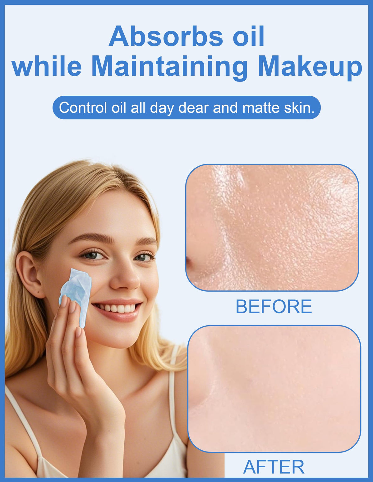 Close-up of Okerker oil blotting paper sheet absorbing oil