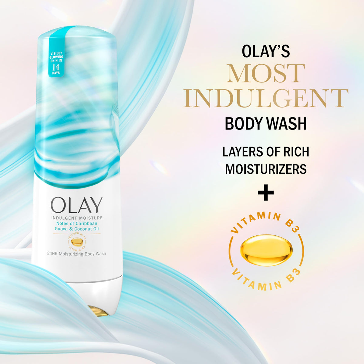 Close-up of Olay Indulgent Moisture Body Wash bottle