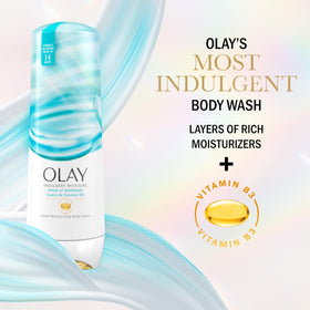 Close-up of Olay Indulgent Moisture Body Wash bottle