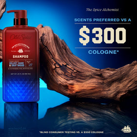 Close-up of Old Spice Velvet Sage & Driftwood Shampoo label