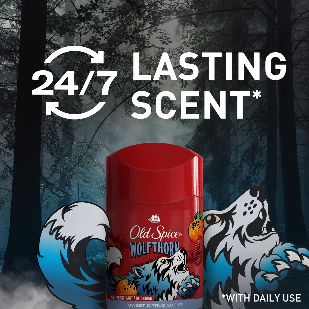 Close-up of Old Spice Wolfthorn scent notes on packaging
