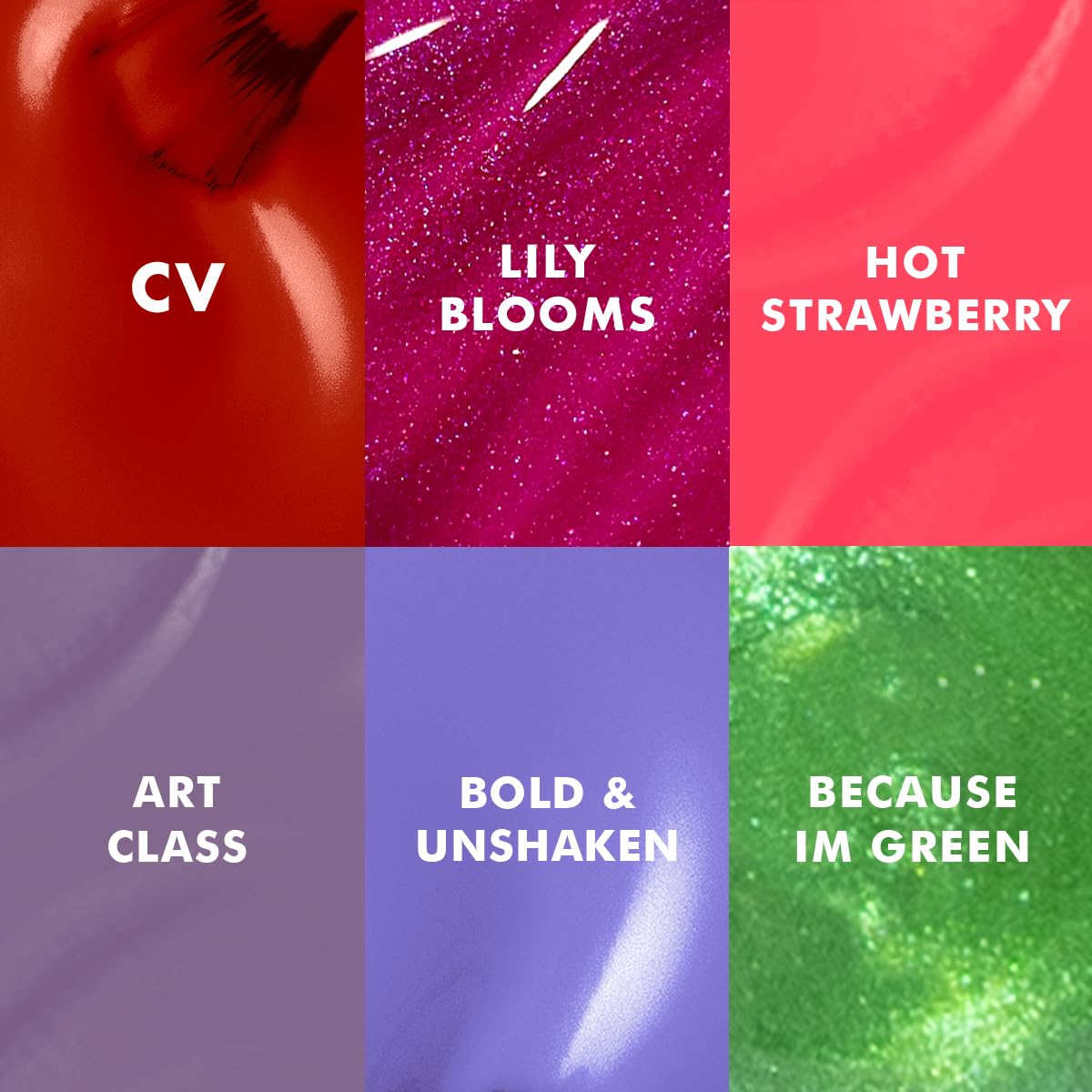 Close-up of Olive & June nail polish shades in vibrant colours